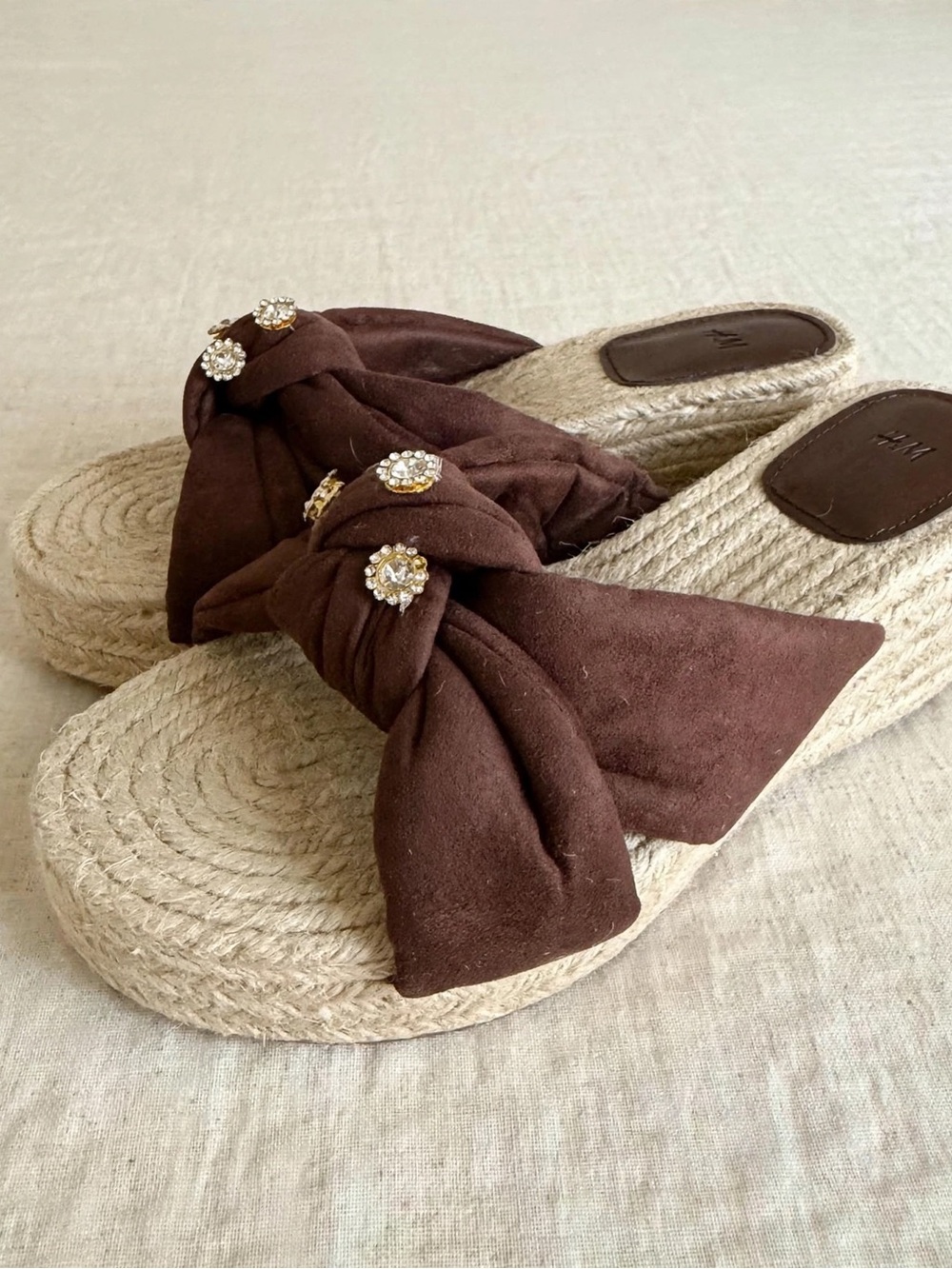 H&M Brown Knotted Jewel Espadrille Mules